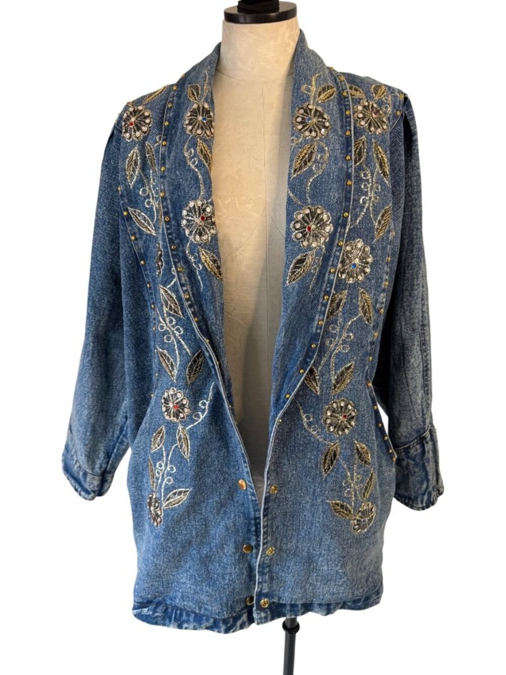Extra Design Womens Metallic Thread Embroidered Studs Denim Jacket Size L Vintag